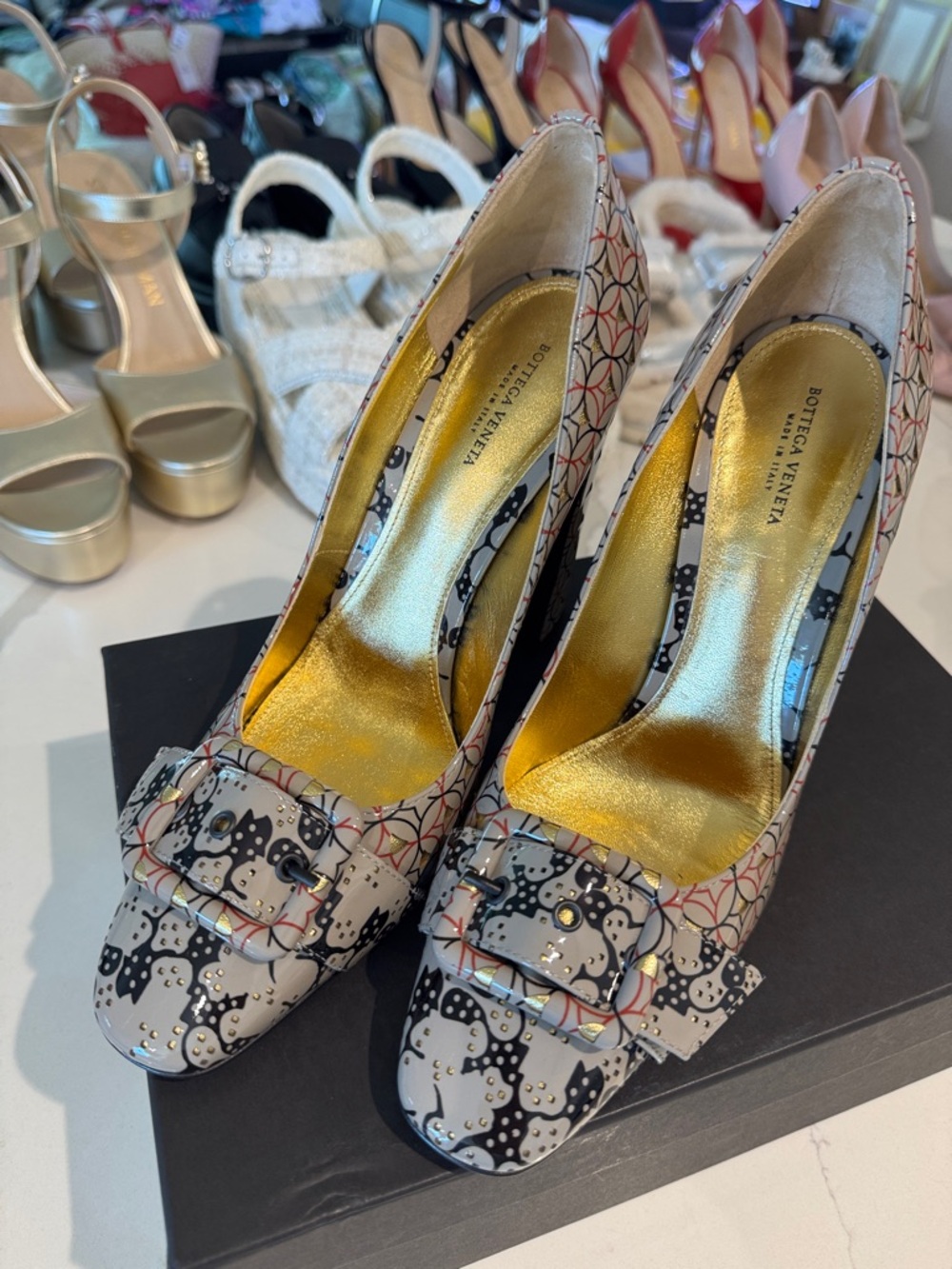 Bottega Veneta Multicolor Patterned Block Heel Pump with Gold Interior EUR 40.5 - Picture 9 of 10